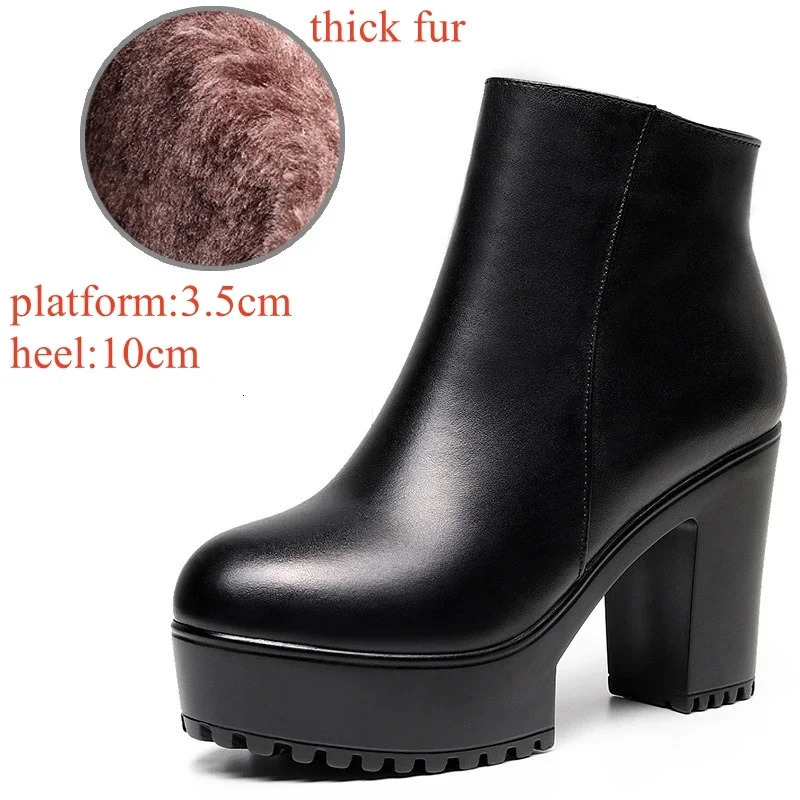 8cm 10cm Small Size 33-43 Thick Bottom Platform Shoes Ankle Boots with Fur Block High Heels Genuine Leather Boots Office 251110
