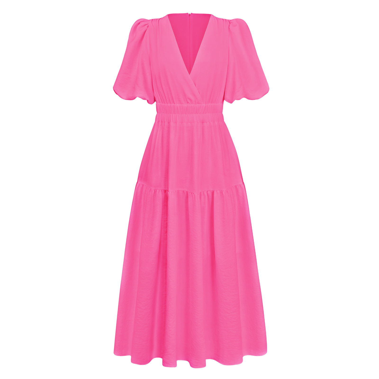 F48Elegant Deep V High-Quality Puff Sleeve Dress for Women - Perfect for Summer Holidays