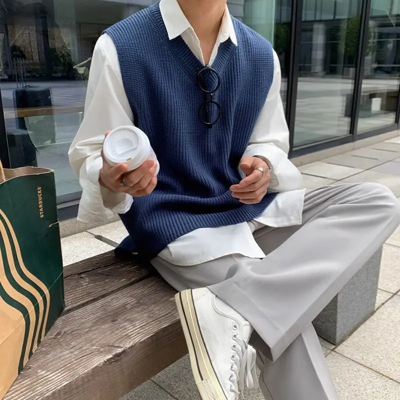 Mens sweater vest 5XL Korean preparatory style knitted sleeveless Vneck solid streetwear youthful and energetic simple fully matched top 250411Z