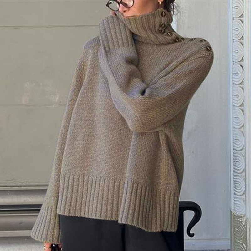 Women's solid-color tops, long-sleeved pullovers with turned-up collars, asymmetrical collars with buttons, casual streetwear St. Patrick's 