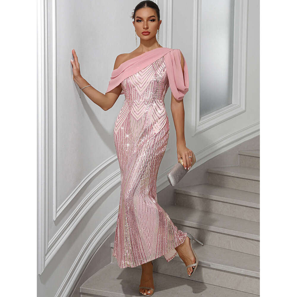 Women's Fashion SEXY DRESSES FOR WOMEN One-Shoulder Chiffon Patchwork Sequin Night club maxi dress Gown