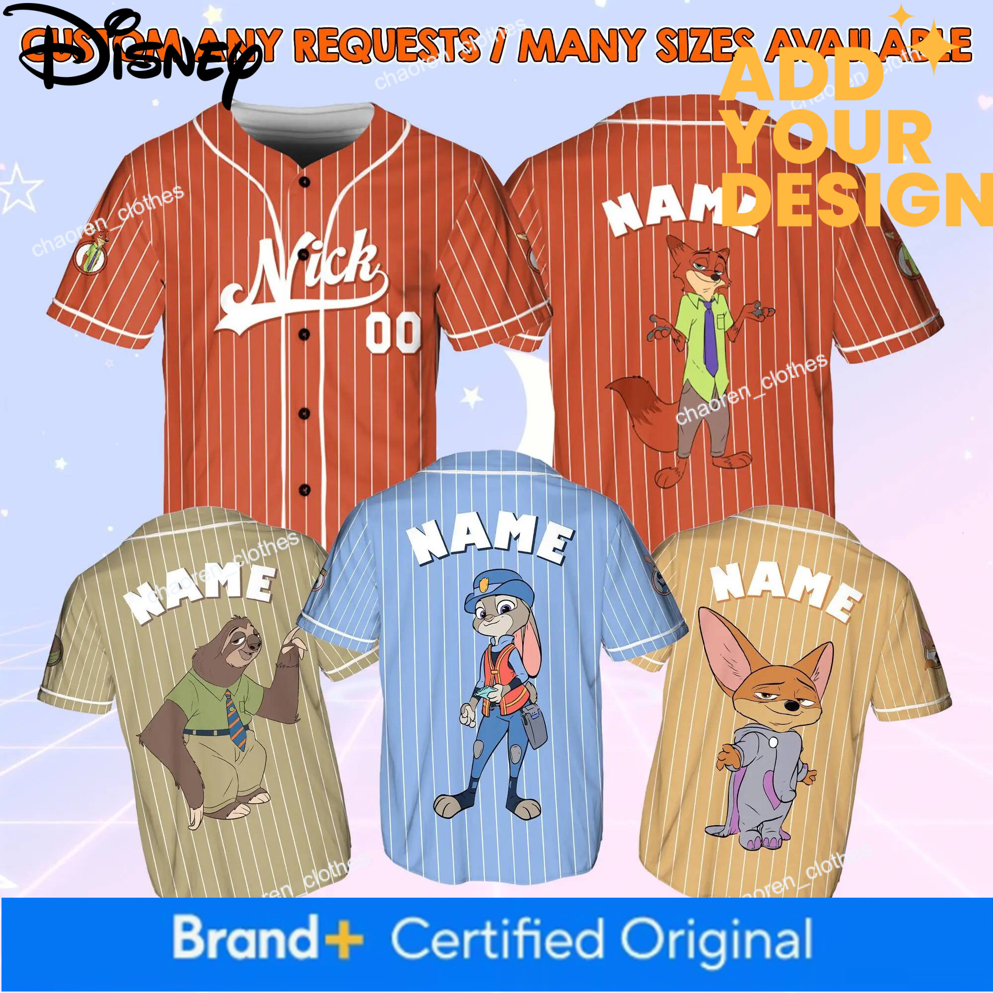 Baseball Disney Matching Shirts Personalized Character Zootopia Movie Jerseys