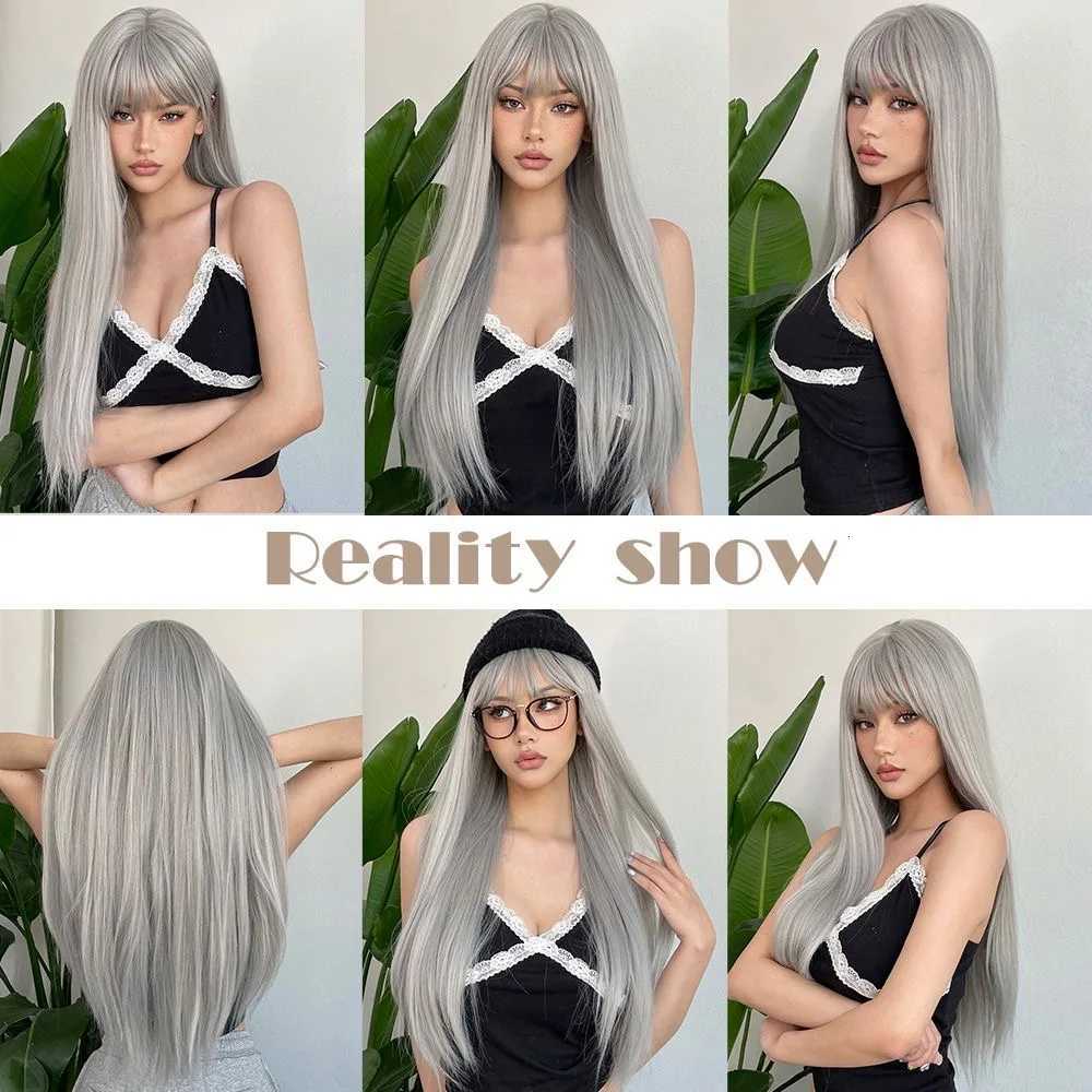 Long Straight Synthetic Wig Granny Gray Center Part Natural Bangs High Temperature Silk Wig For White Women Cosplay DailyT251111