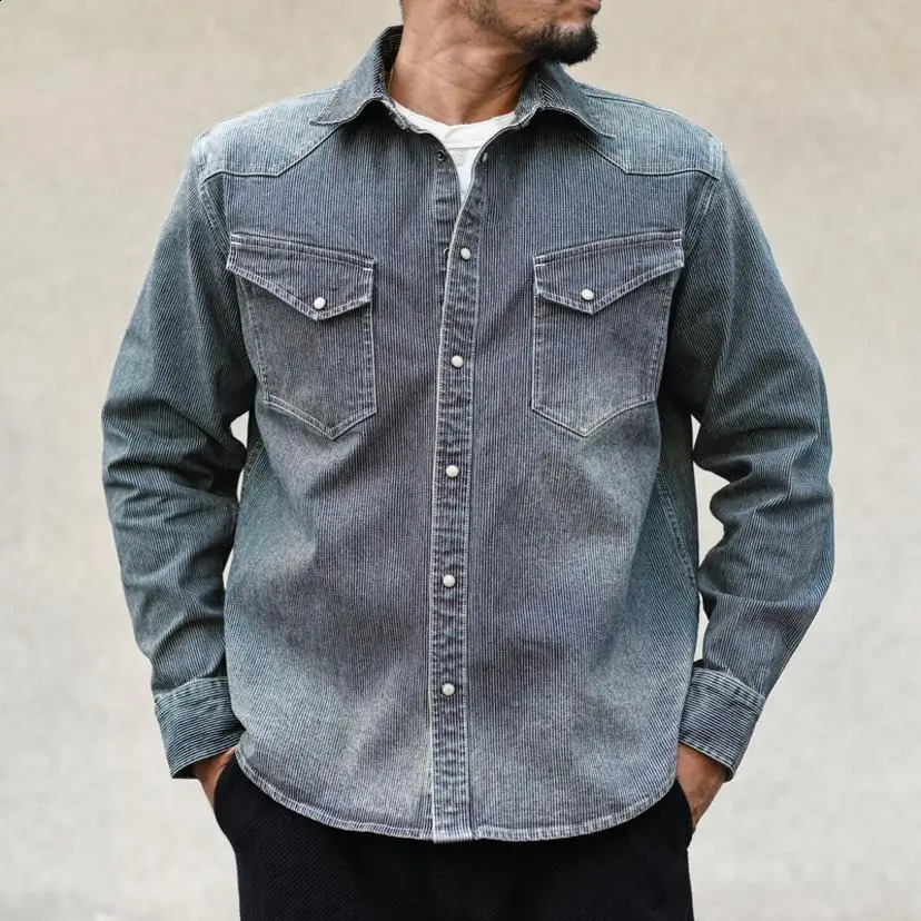 Sauce Zhan Heritage Stripe Western Heavyweight Distress Denim Shirt Autumn Mens Casual Long Sleeve Regular Fit 250411