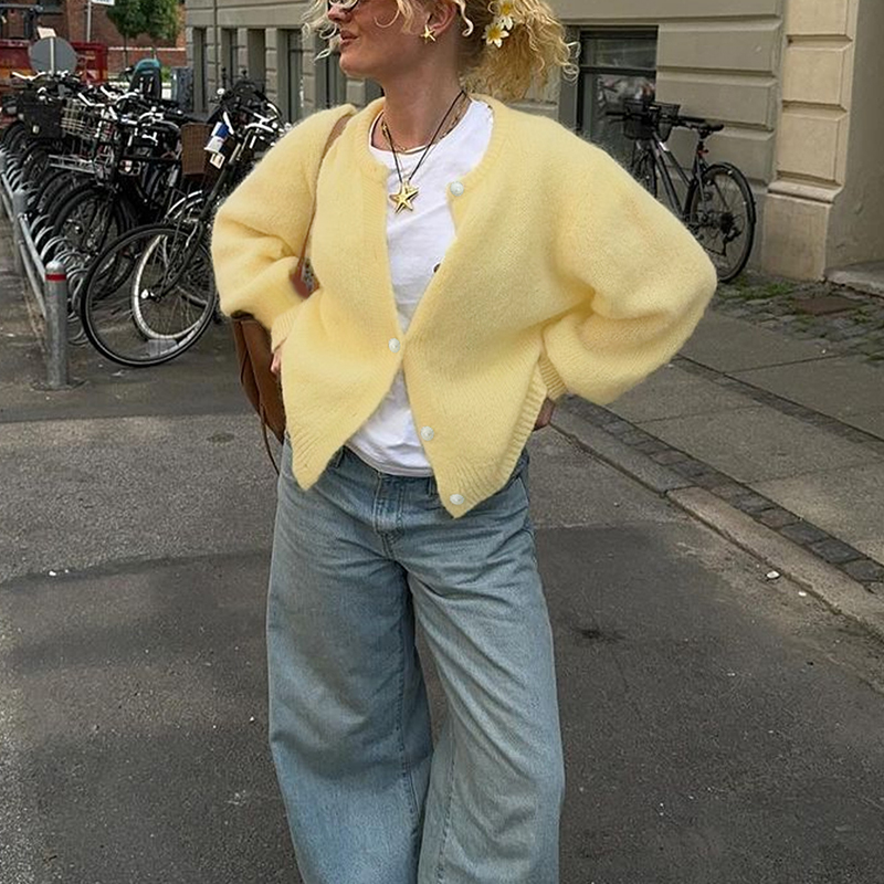 Fall women clothes, women's solid color sweater casual street fashion versatile blouse round neck placket pearl buttons loose---NBJ096