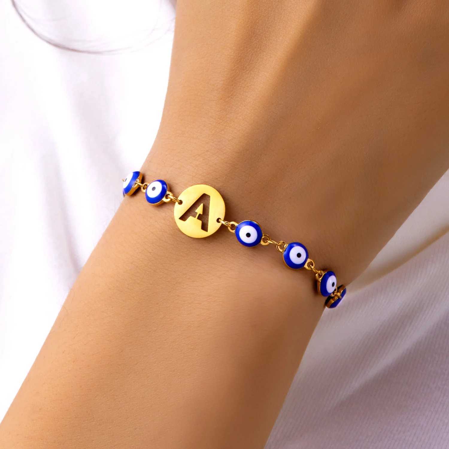 Lucky Turkey Evil Eye Bracelet For Women Men A-Z 26 Initials Alphabet Blue Eye Stainless Steel Metal Chain Bangles Luck JewelryC250410