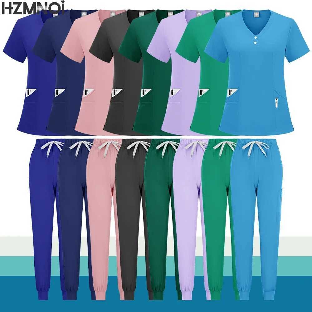 Scrubs Uniform Suit Short Slve V-neck Tops+jogger Pants Set Nursing Uniform Women Multicolor Pet Doctor Scrub Medical Workwear X250410