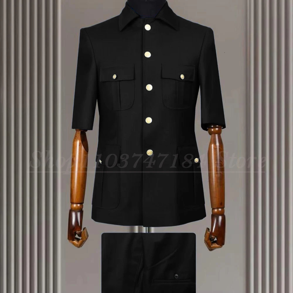 Summer Men Suits Blazer Elegant Short Sleeve Stand Lapel Single Breasted Slim Fit Clothing Formal Wedding 2 Piece Jacket Pants 251107