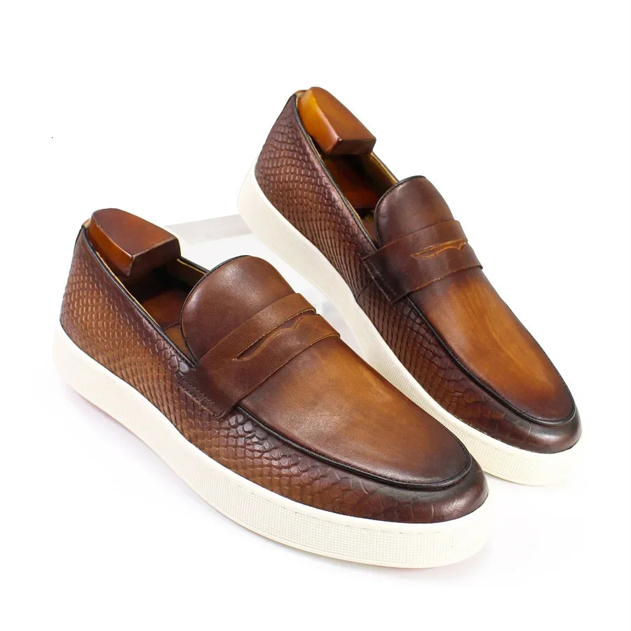 Handmade Genuine Leather Mens Loafers Red Pattern Penny Slip-On Dress Flats for Office Wedding Party 251106