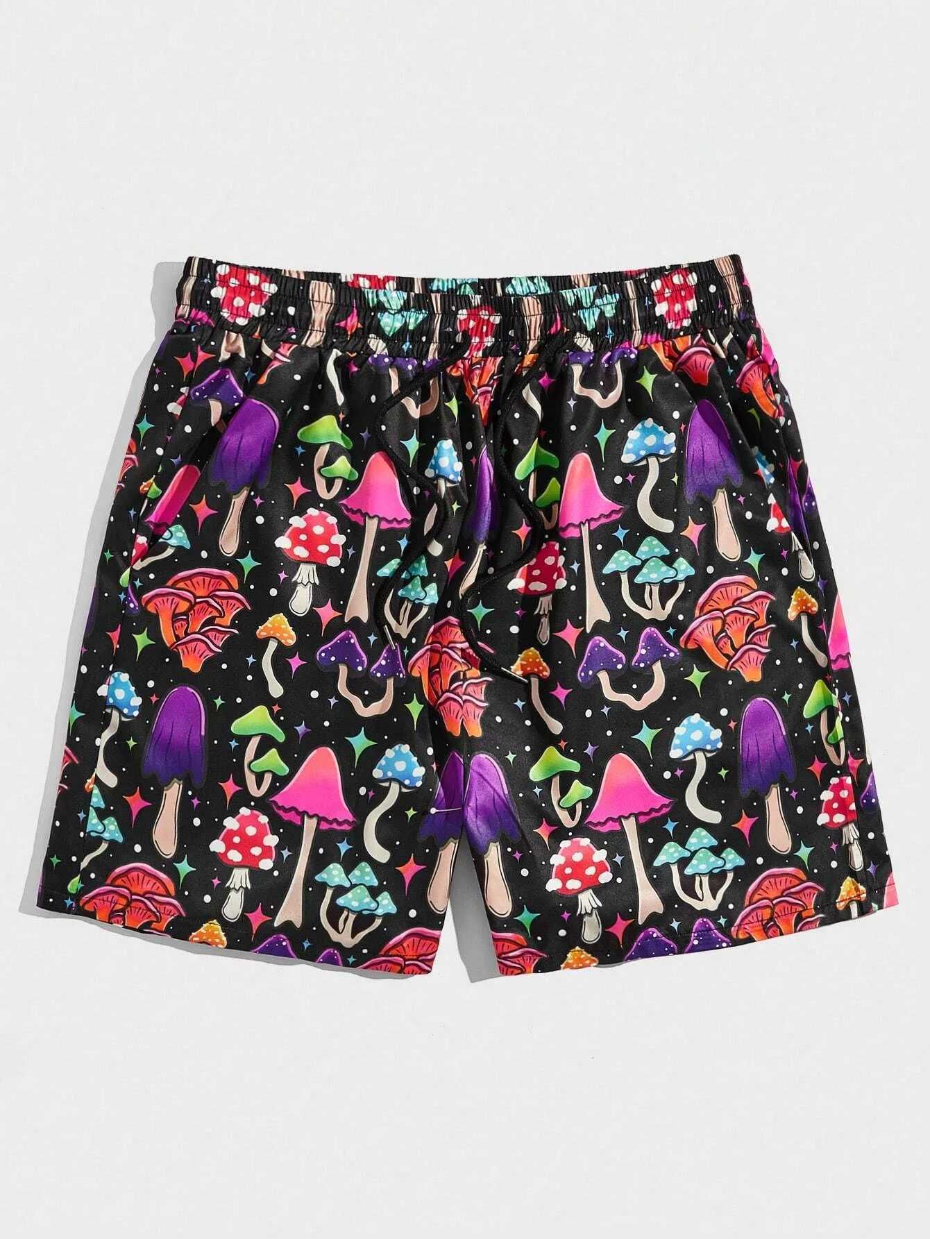Mens beach shorts with mushroom pattern 3D printed board shorts for summer swimming tree trunk elastic waist brushed Hawaiian style shortsW250410