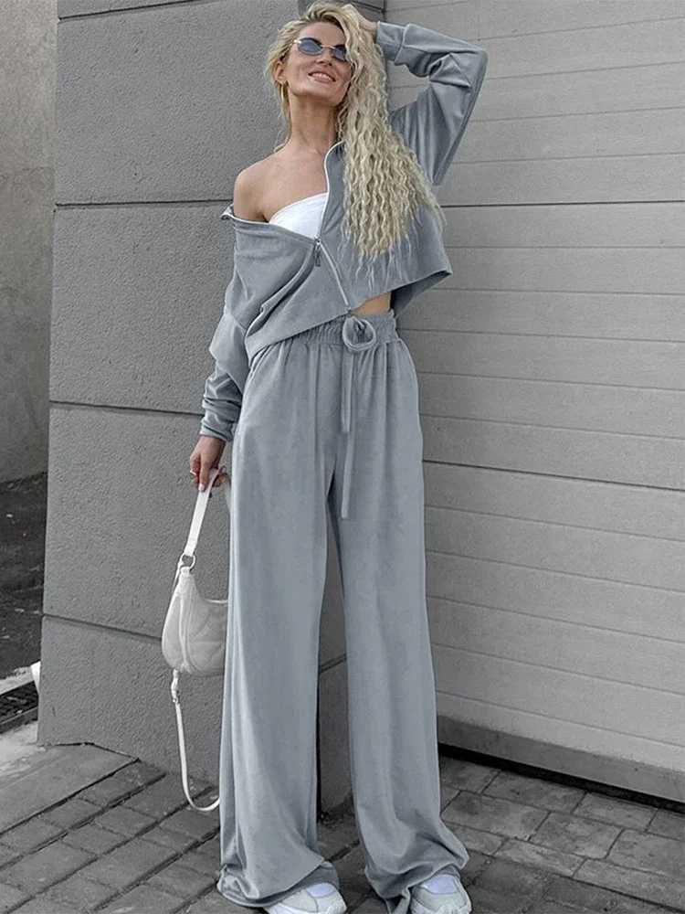 Trendix Velvet Pants 2PCS Set Womens Zipper Long Sleeve Fashion Coat Loose High Waist Lace Top Pants Set Womens SetW250411