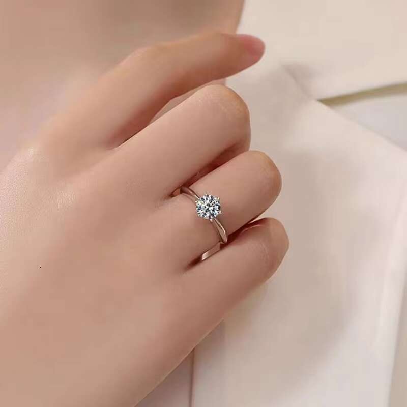 Wholesale Simple T Six-Claw Womens Moissanite Wedding Ring 50/1/2/3/5 Karat Cross-Border 925 Sterling Silver
