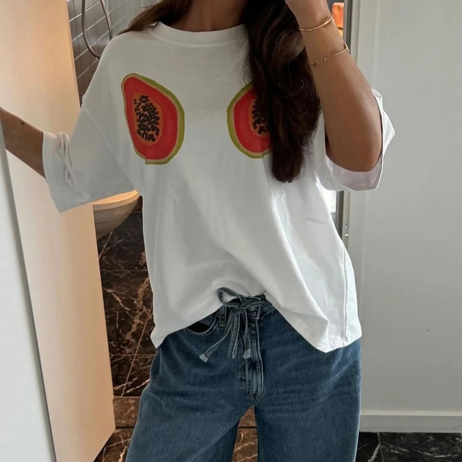 Summer Women Loose T-shirt Crew Neck Short Sleeve PapayaCherryPaw Print Summer Loose Tops for Casual Daily 250410
