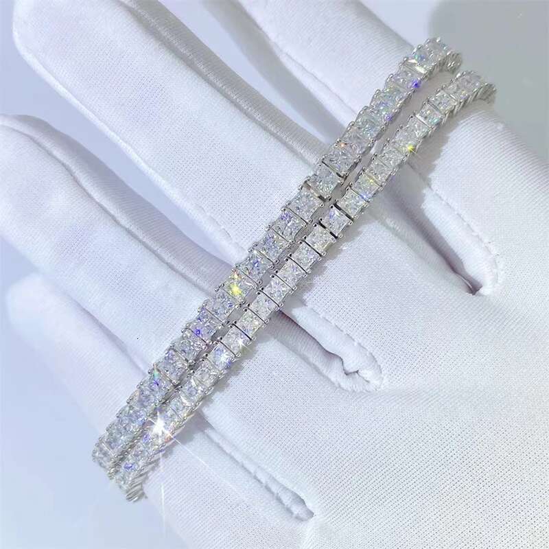 2.5-3mm D Color Princess Cut Moissanite Tennis Chain Bracelet 925 Sterling Silver Women Moissanite Bracelets Bangles Hiphop Gift