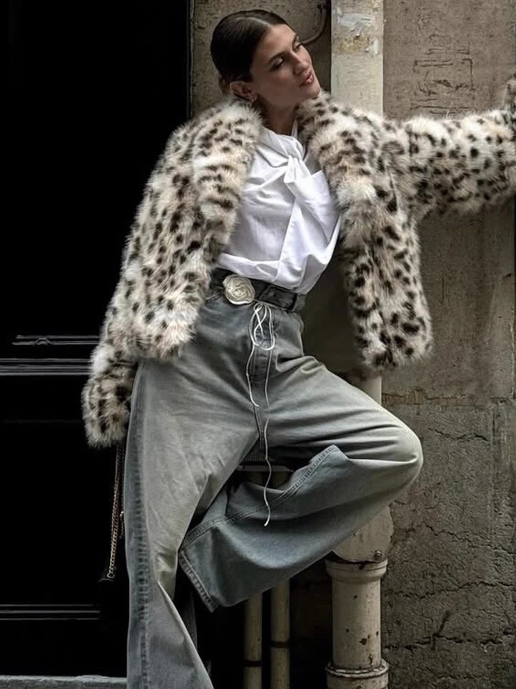 HH Winter Leopard Print Faux Fur Jackets For Women Long Sleeve Lapel Thick Warm Soft Fluffy Fur Coats Lady Loose Streetwear 251106