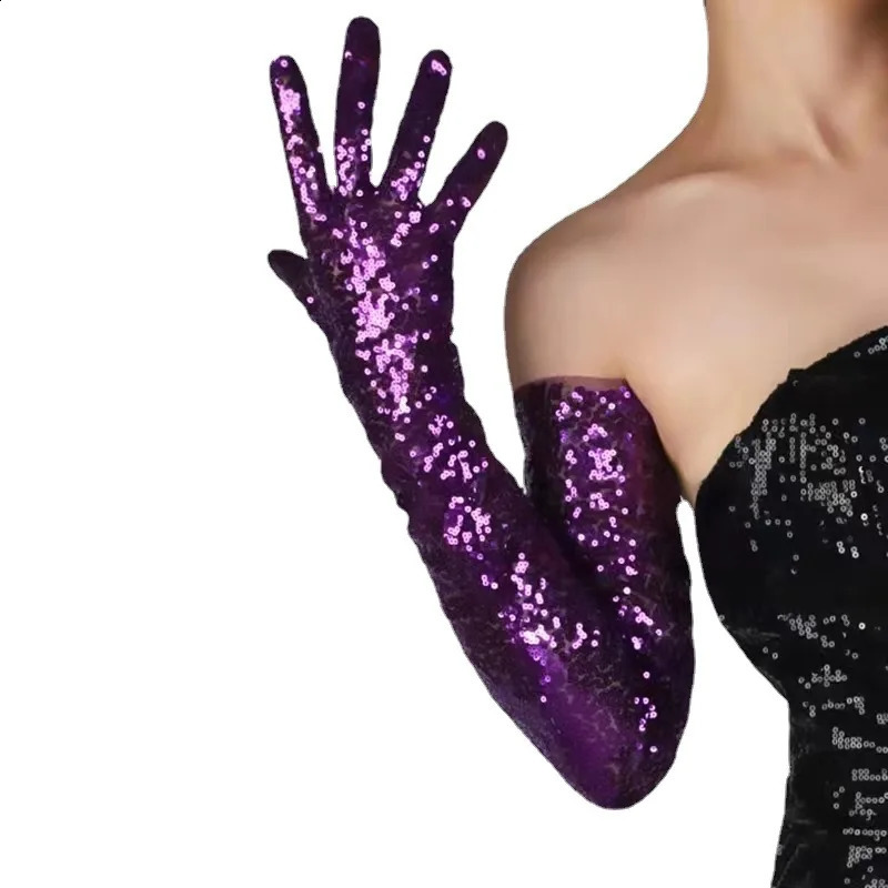Womens gloves 70cm glitter long gloves Embroidery lace mesh Special length dress Dark purple stage gloves C063 250408