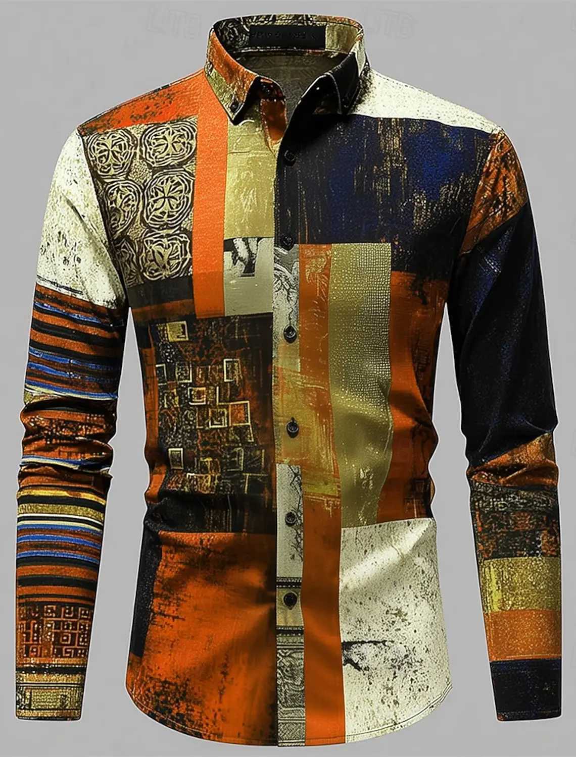 2025 Vintage Mens Color Block Patchwork Shirt 3D Printed Shirt Button Up Shirt Casual Long Sleeve Shirt Street Blouse for Men K251110