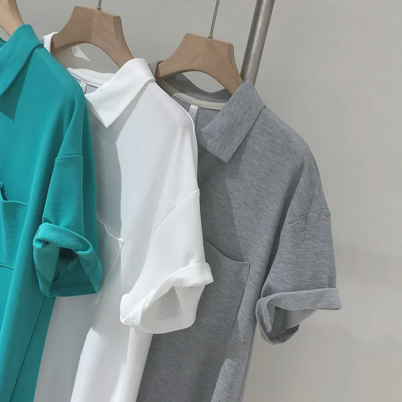 Korean Polo Cotton Dress Casual Loose Fit Slimming Short Sleeves Over Knee Lazy Person T-shirt Skirt 250411