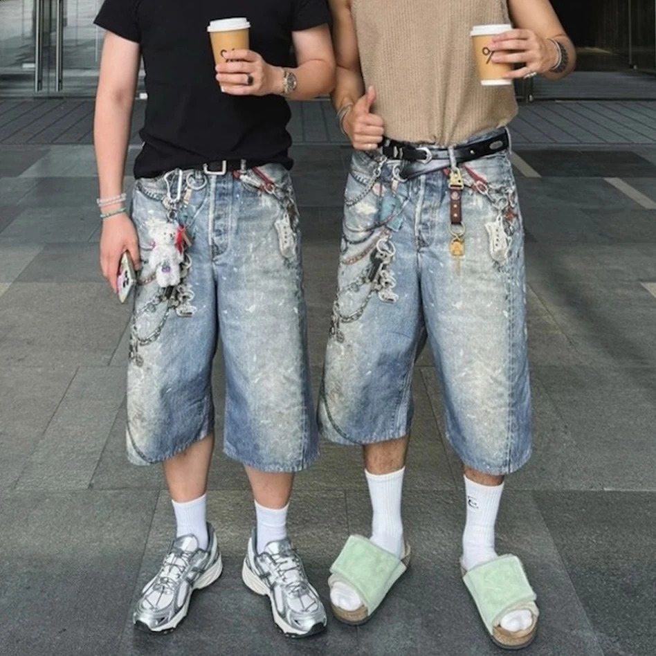 3D printing splicing work bag jeans mens street clothing summer wide leg splicing work casual loose knee length pants 250410