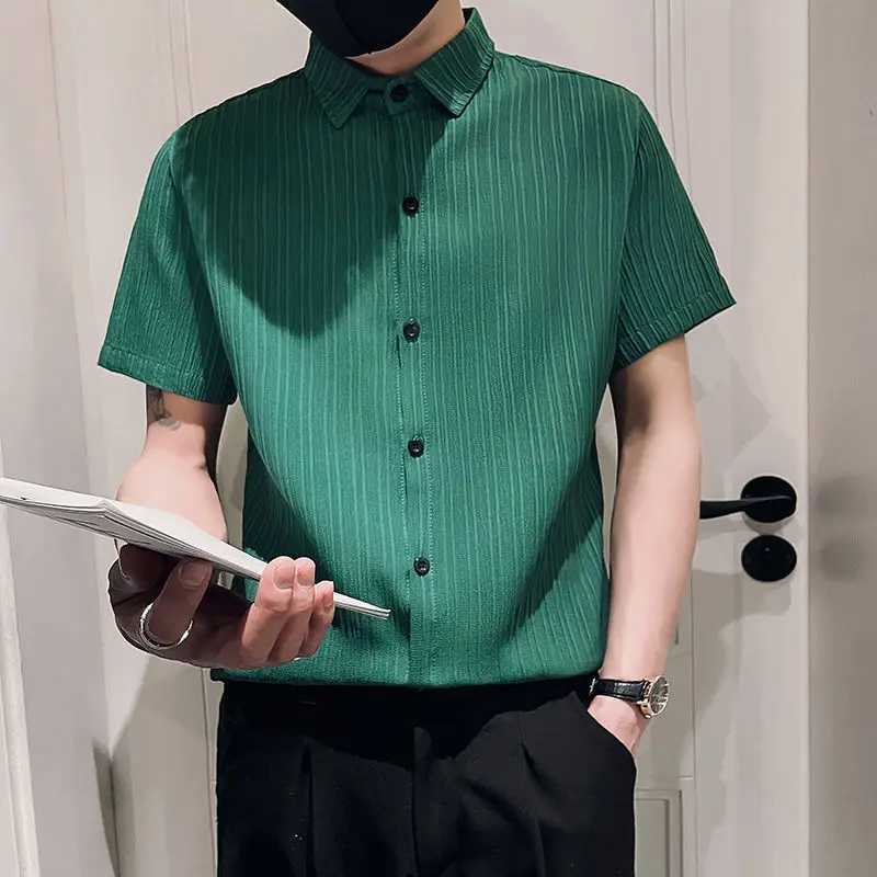 Streetwear Fashion Korean Clothing Solid Shirts Spring Autumn Men Long Sleeve Striped Lapel Single Sockets Business Casual Tops K251110