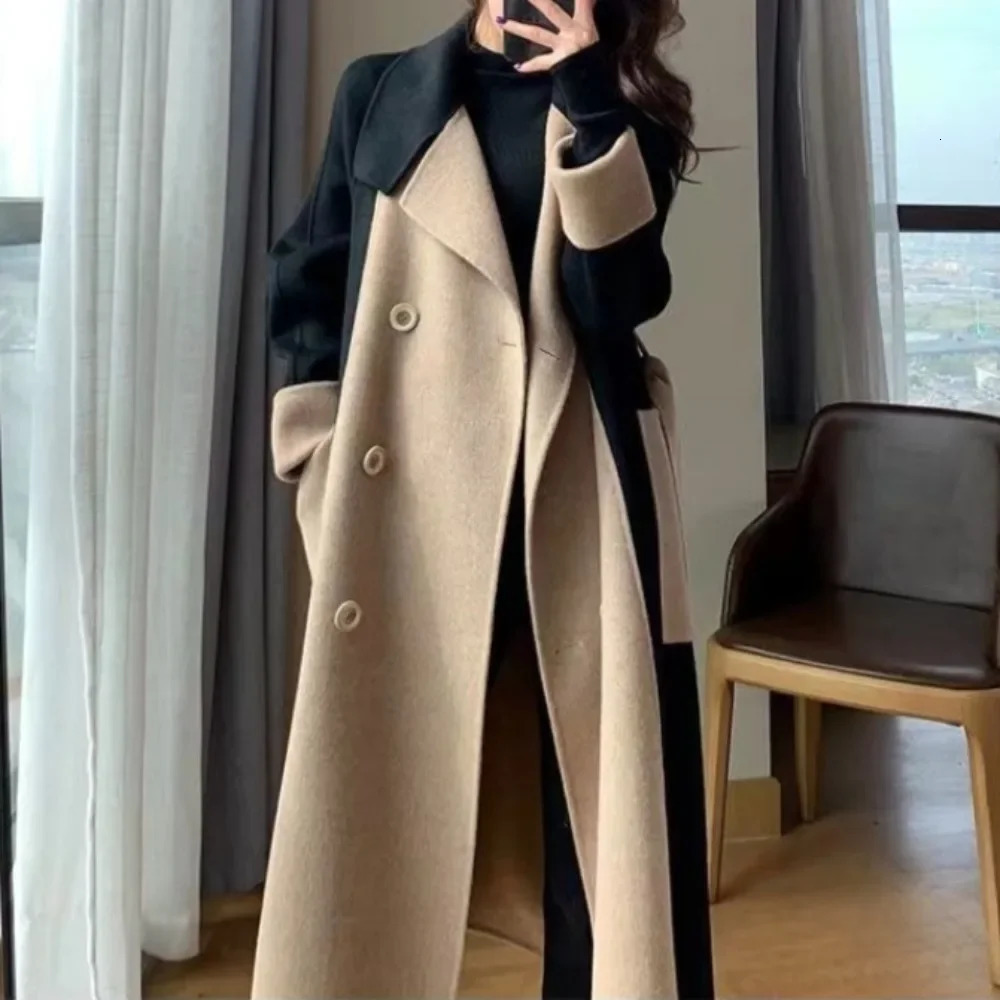 Women Autumn Winter Doublefaced Cashmere Blends Long Style Elegant Patchwork Woolen Overcoat High Street Slim Sashes Outerwear 251104