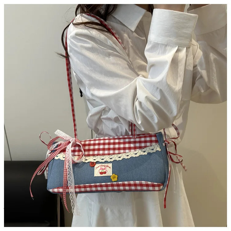 Versatile Lace Bow Plaid Women Shoulder Bags Casual College Girls Denim Underarm Bag Large Capacity Female Square Handbags Tote 251103