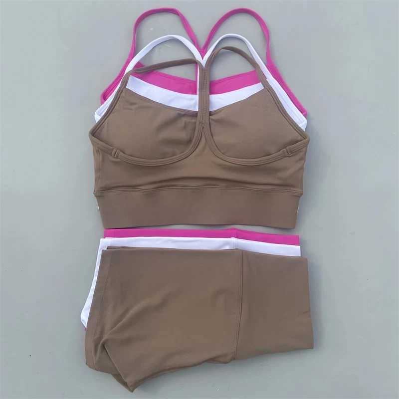 Solid color gym bike yoga set short leg+cross Y sports bra sportswear womens gym set comprehensive training joggingW250411