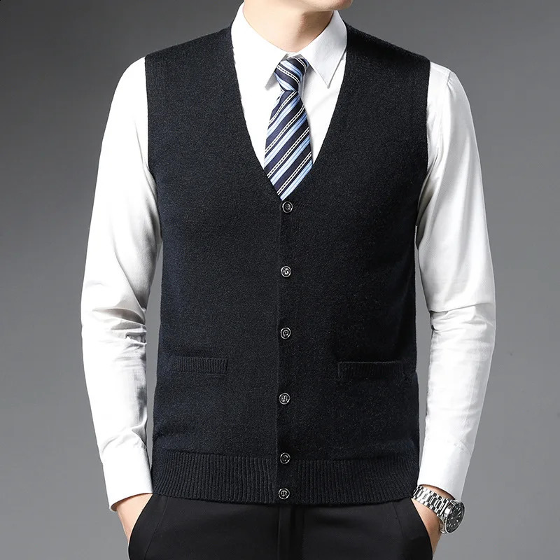 Mens autumn and winter cardigan wool sweater youth casual vest solid color pocket sleeveless warm knit top 250411Z