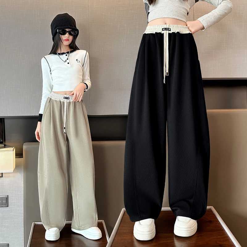 Girls Wide Leg Drawstring Pants Kids Fashion Loose Pants Children Straight Sweatpants High Waisted Spring Autumn Casual Trousers L251110