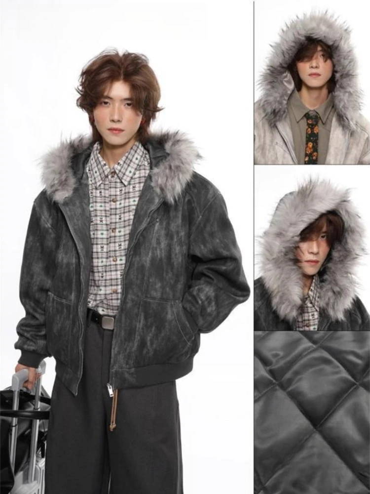Men's Faux Fur Zip Jacket Y2k Collar High Street Fashion Design Pullover Harajuku Casual American Warm Thicken Cardigan Coat Parkas