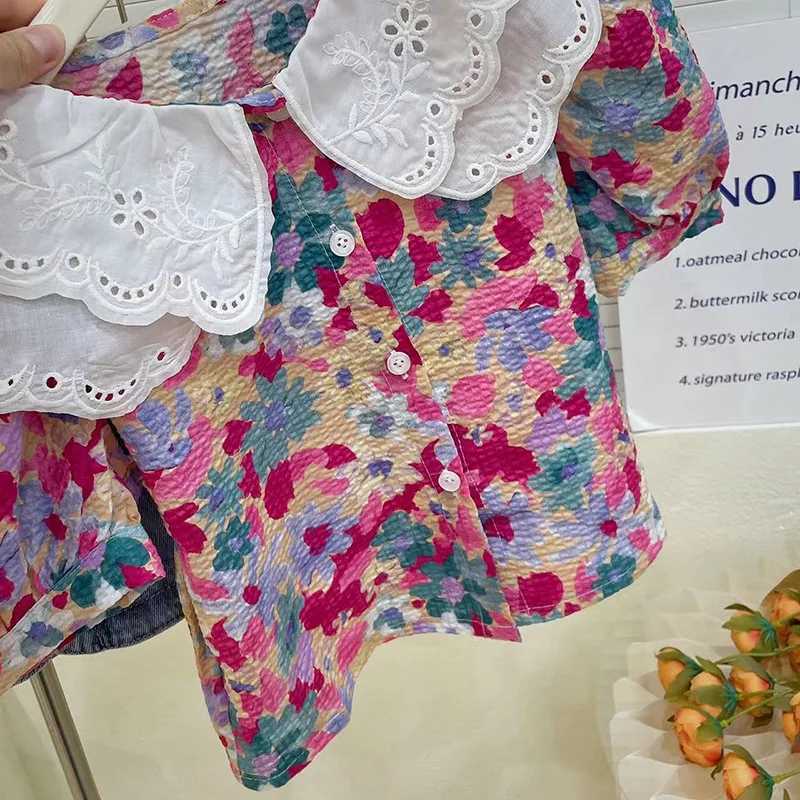 Childrens girl flower collar short sleeved shirt top+denim Culottes 2-piece set 2023 new childrens summer clothing setXJ250410