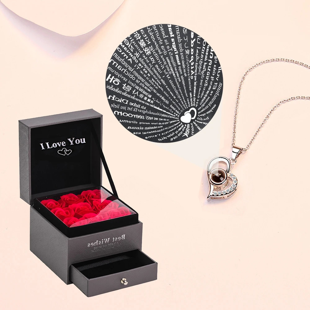 Love Zircon Necklace in 100 Languages I Love You Project Pendant Female 9 Rose Gift Box Romantic Accessories 250408