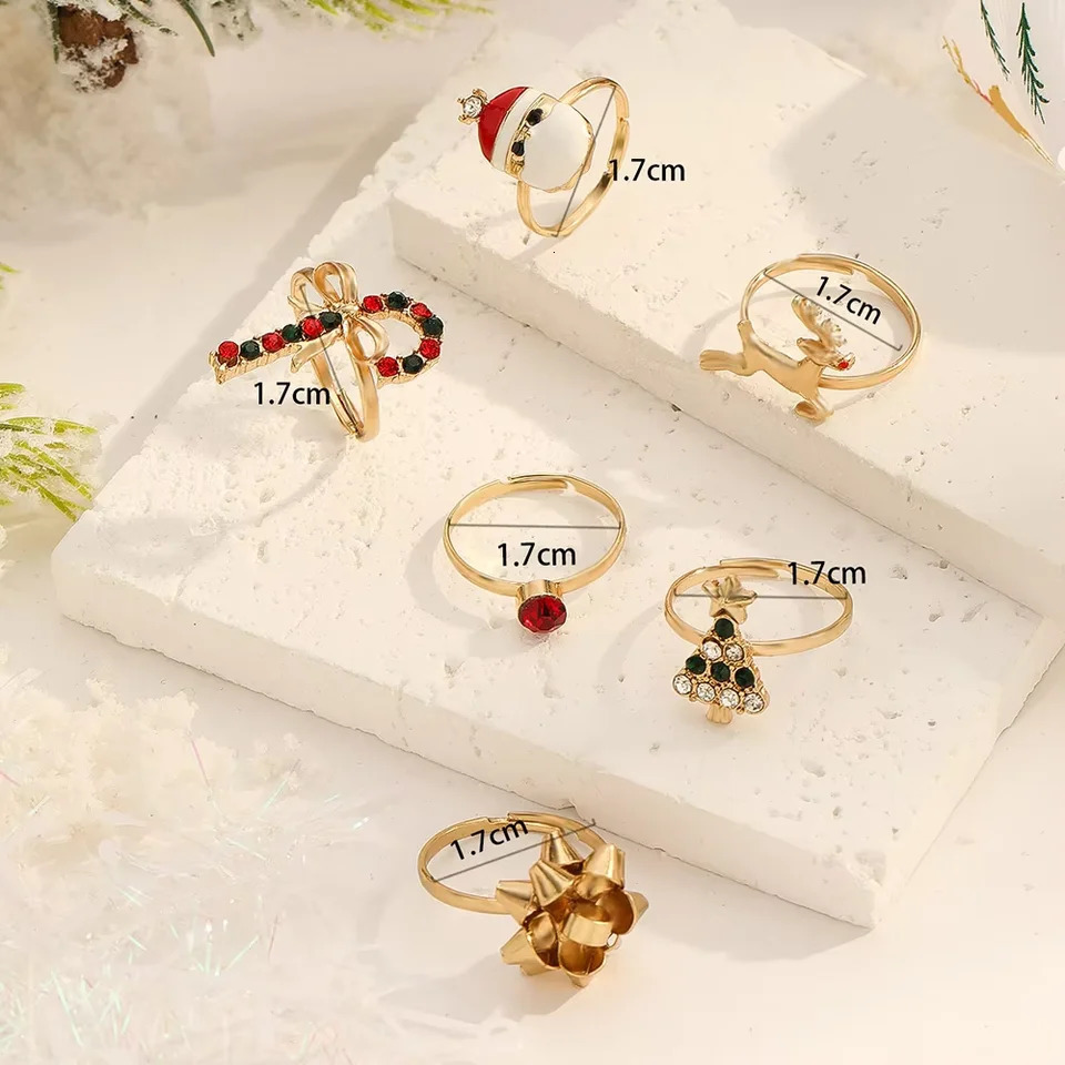 6 PCS Set Christmas Tree Santa Deer Ring For Women Crystal Stone Metal Candy Snowflake Girls Open Finger Gift Jewelry 251103
