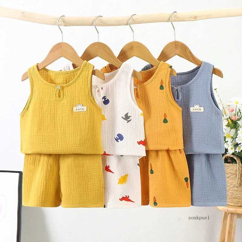 2024 Summer New Gauze Cotton Boys and Girls Tank Top+Shorts Set Childrens Baby Home Clothing Baby 2-piece SetXJ250410