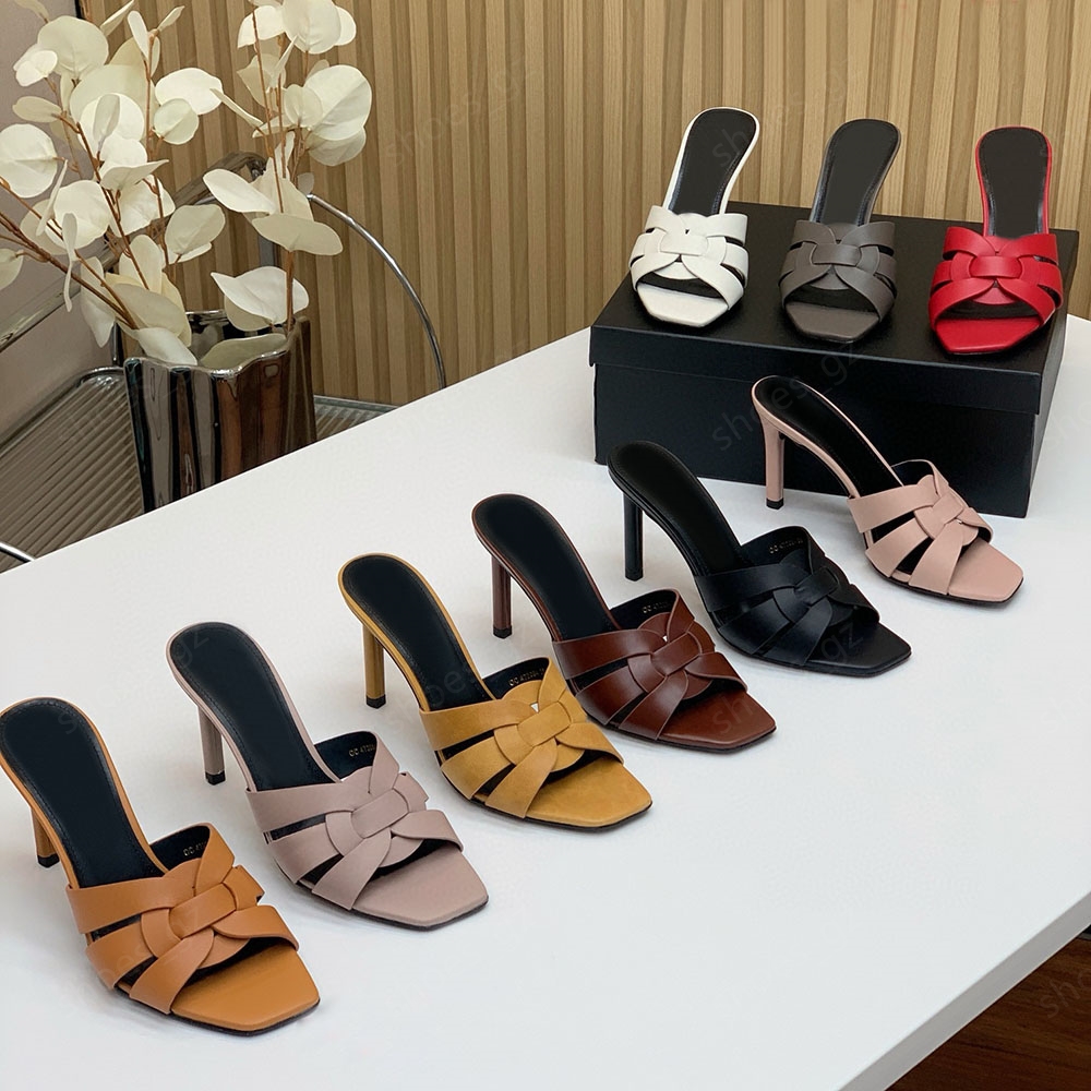 Tribute Woven cross Stiletto Heel Sandals Slippers 8.5cm 6.5cm mule Slides Square open-toe shoes women's luxury designers Patent Leather outsole Casual shoes With box
