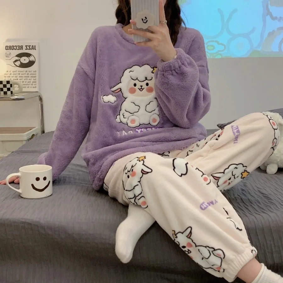 Autumn Winter Flannel Lounge Sets Womens Cute Sheep Printing Princess Home Wear Round Neck Long Sleeve Womens Two Piece Set 251106