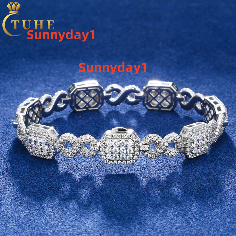 Hip Hop Block Design Jewelry Custom 10mm Pave Setting VVS Moissanite 925 Sterling Silver Infinite Halo Gemstone Bracelet