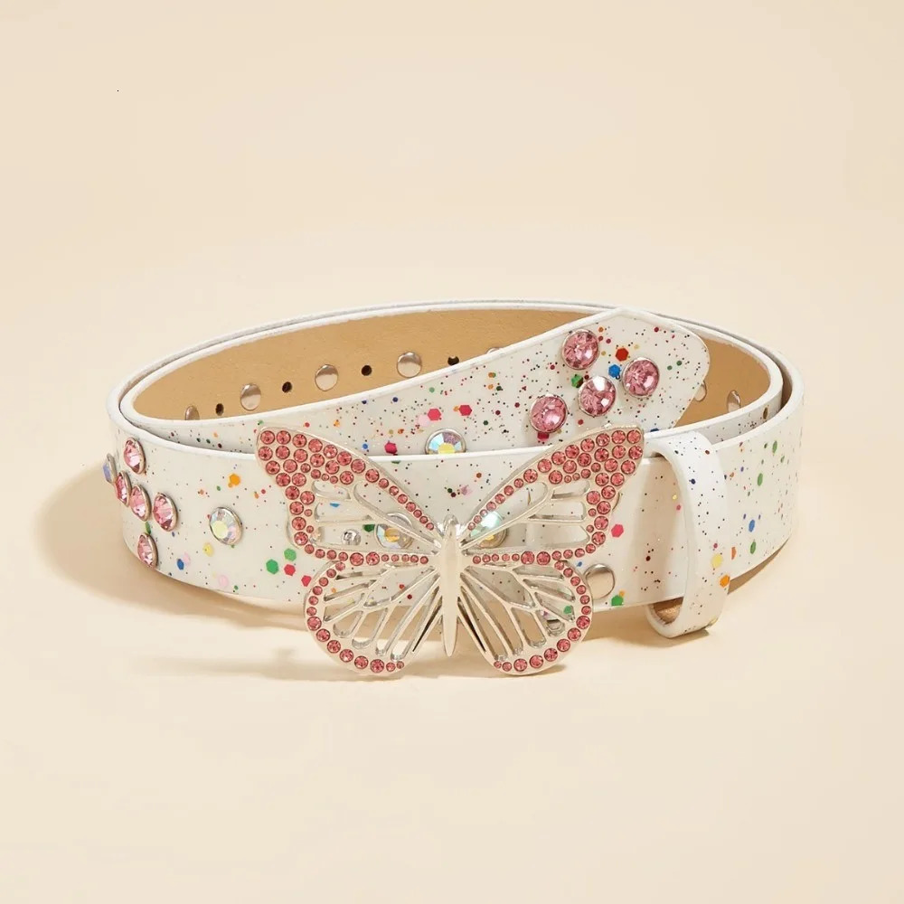 Womens Pink Rhinestone Butterfly Embellished Belt Matching Jeans Y2K Style Layered LR2058 251110