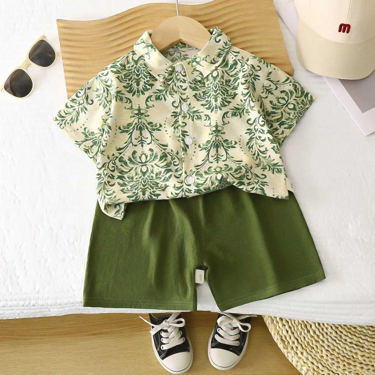 Childrens clothing set with collar and short sleeved shirt+2-piece short sleeved boys clothing set childrens clothing setXJ250410