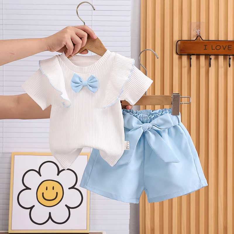 Baby girl summer clothing set with bow top and shorts 2-piece childrens clothing ensembleXJ250410