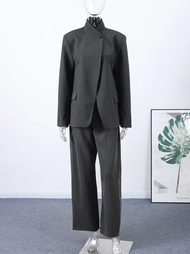 Loose Solid Coat Pants Women Set Long Sleeve Stand Collar Single Button Blazer Striped Trousers 2025 Autumn Winter Lady Outfit 251105