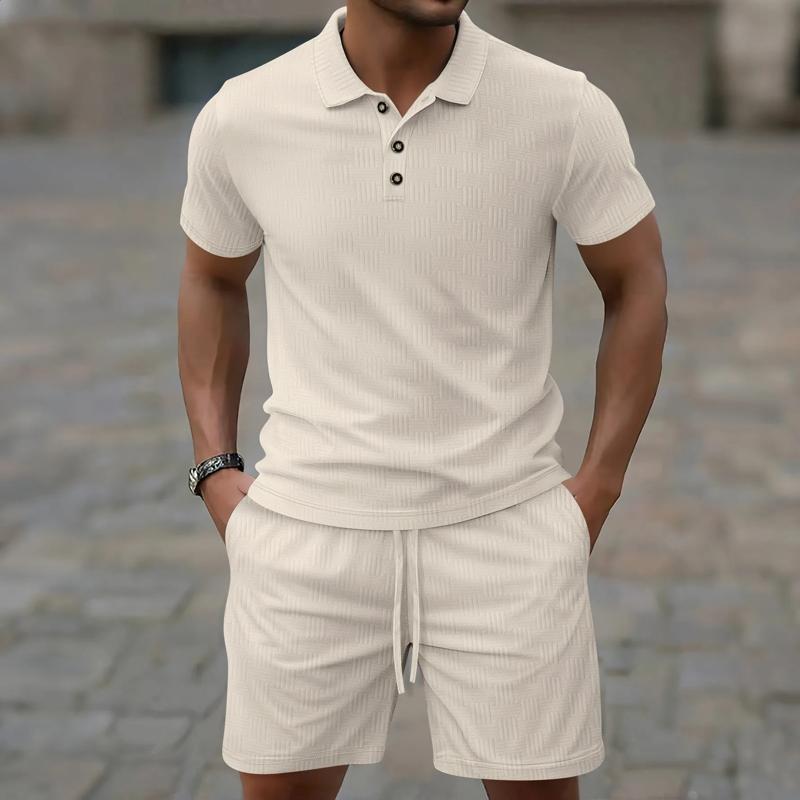 Summer mens solid color lace Corduroy short sleeved lapel top jacquard polo shirt brushed shorts mens clothing 250410