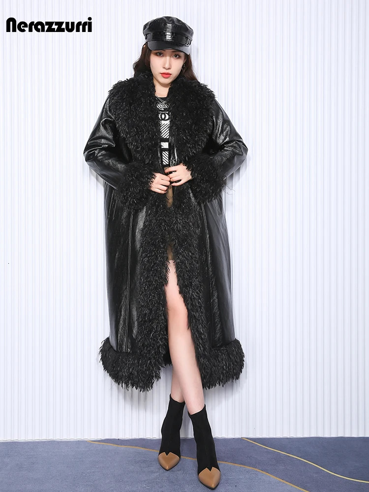 Nerazzurri Autumn Winter Long Loose Black Quilted Warm Soft Pu Leather Coat Women with Faux Fur Trim Sashes European Fashion 251103