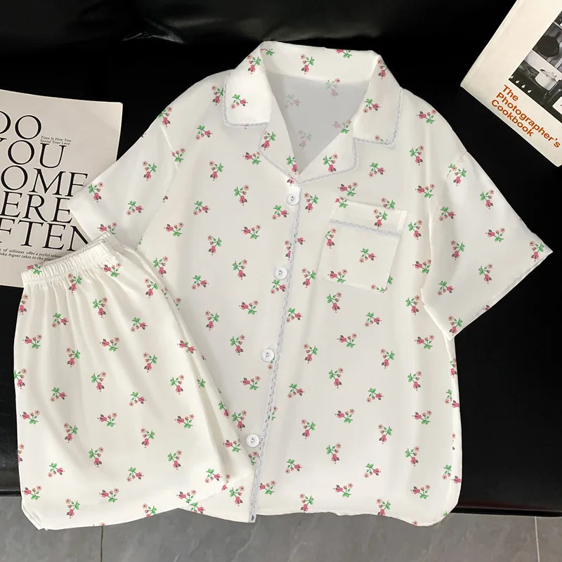 Princess Style Small Floral Pajamas Female Summer Garden Fresh Ice Silk Thin Section of Short-Sleeved Casual Homewear Suit 250411