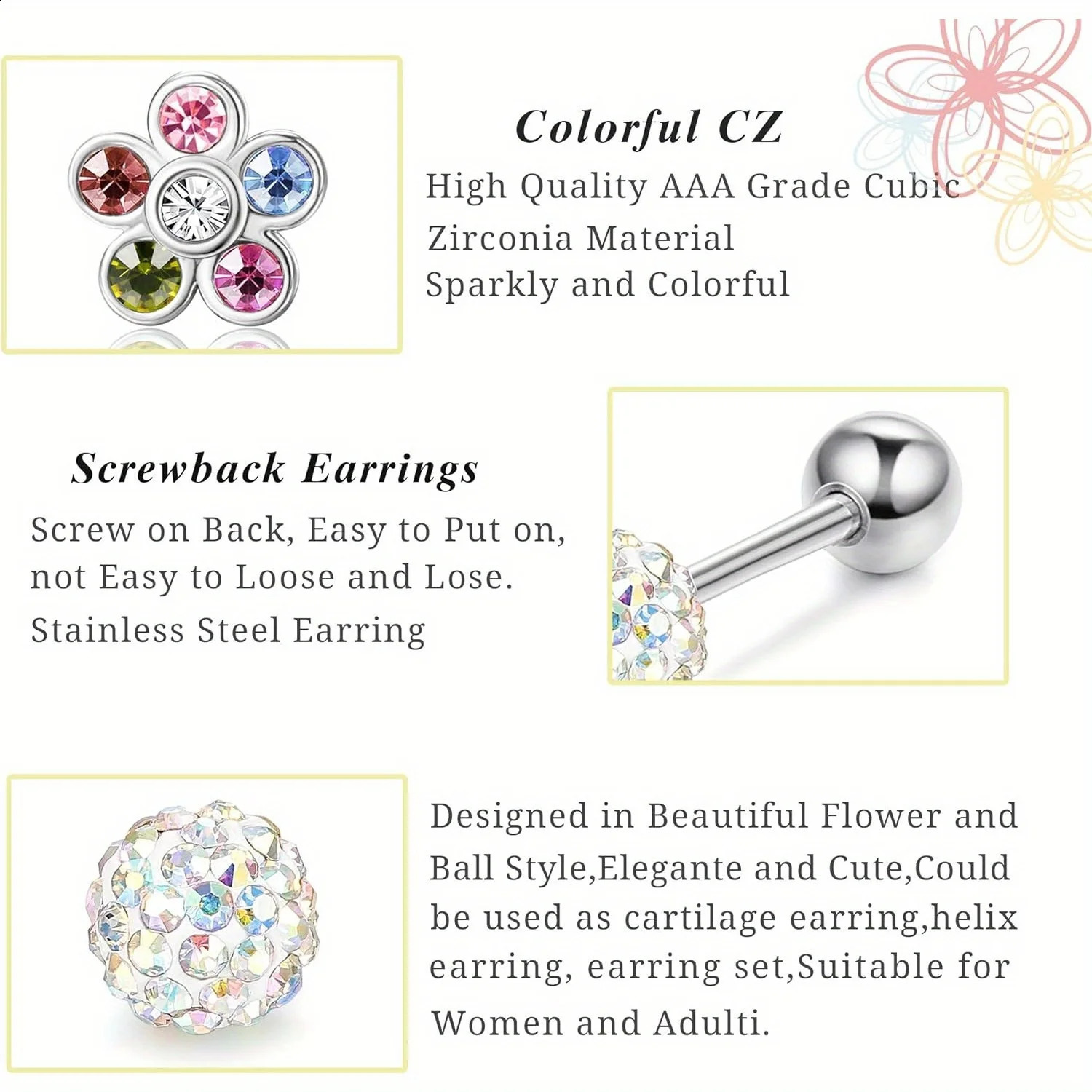 Drperfect 8 pairs of flower stud earrings set suitable for women colorful CZ ball earrings Tragus pocket perforated party jewelry 250409