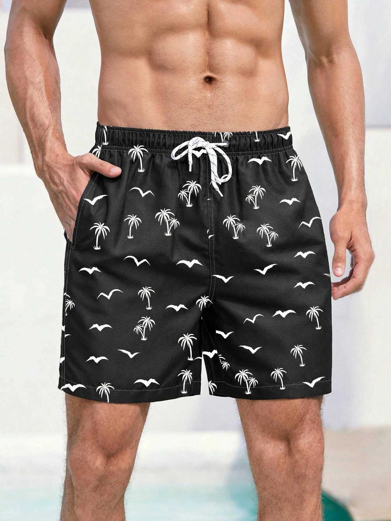 Mens board shorts swimming shorts swimming trunks drawstring elastic quick drying shorts Hawaiian casual black and white micro elasticW250410