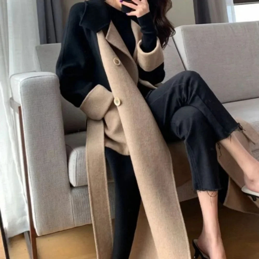 Women Autumn Winter Doublefaced Cashmere Blends Long Style Elegant Patchwork Woolen Overcoat High Street Slim Sashes Outerwear 251104