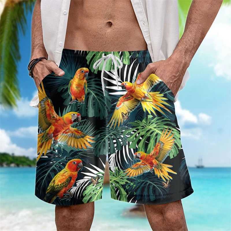Casual tropical bird graphic Hawaiian shorts fashionable summer mens 3D printed beach shorts loose and breathable swim trunksW250410