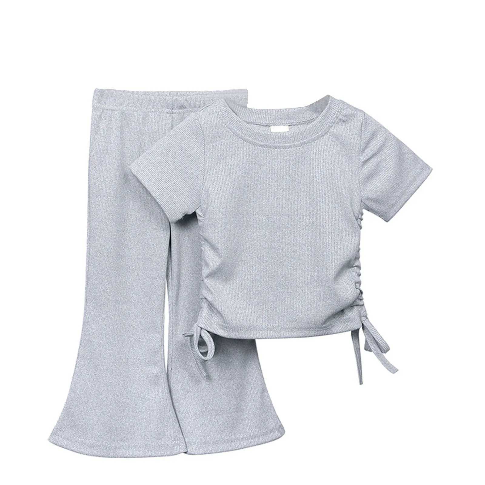 New Korean short sleeved set summer solid color floral top+flash pants thin casual two-piece set suitable for girls aged 2-8XJ250410