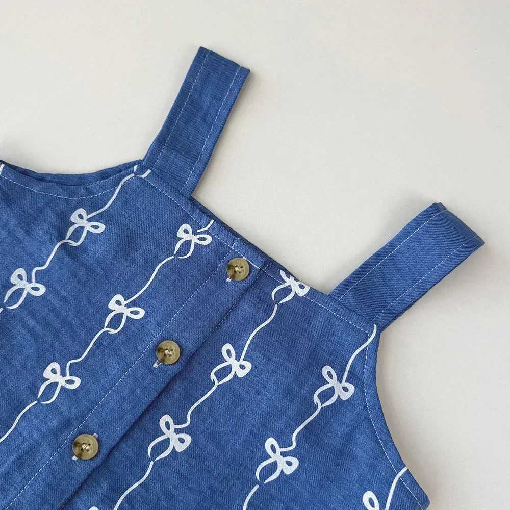 Summer new 2025 baby girl set imitates denim bow print sleeveless top and pants two-piece casual childrens clothingXJ250410